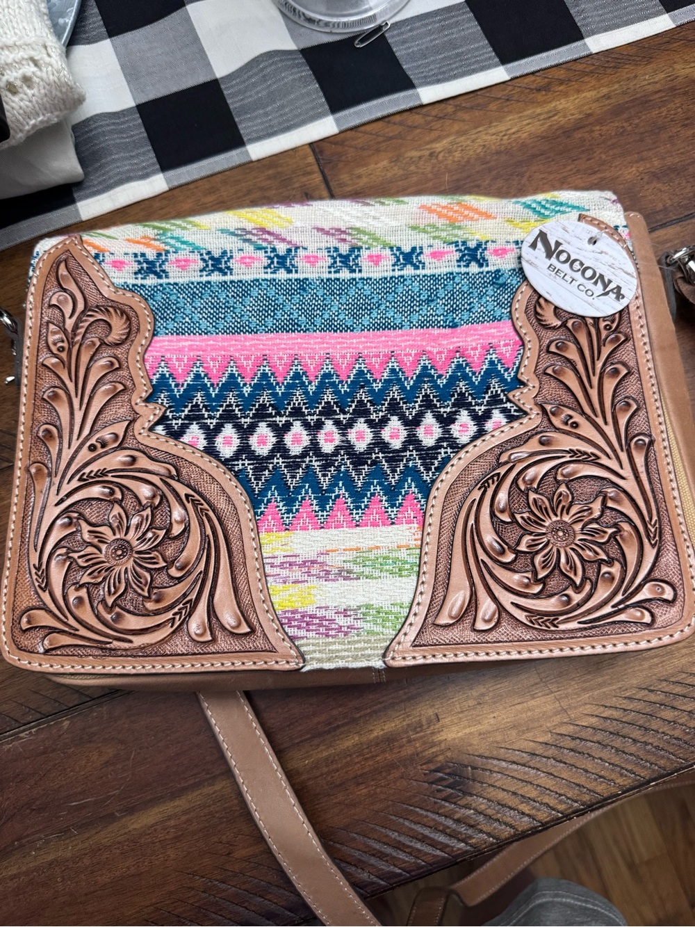 Nocona Multicolor Woven & Tooled Leather Crossbody Bag - Pink/Blue NWT
